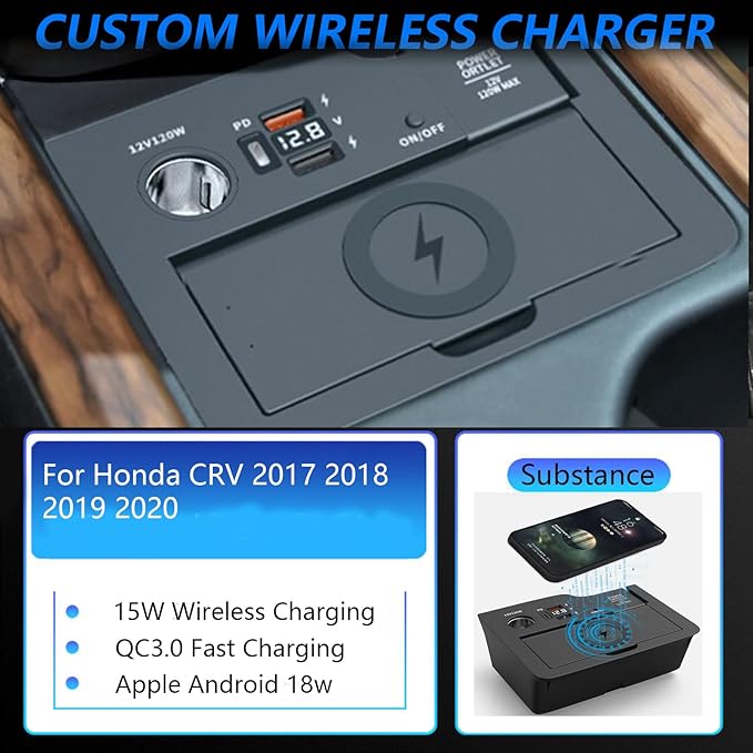 Wireless Car Charger for Honda CRV 2020 2019 2018 2017, 15W Wireless Fast Phone Charging Pad with 27W USB-A & Type-C Interior Accessories Upgrades