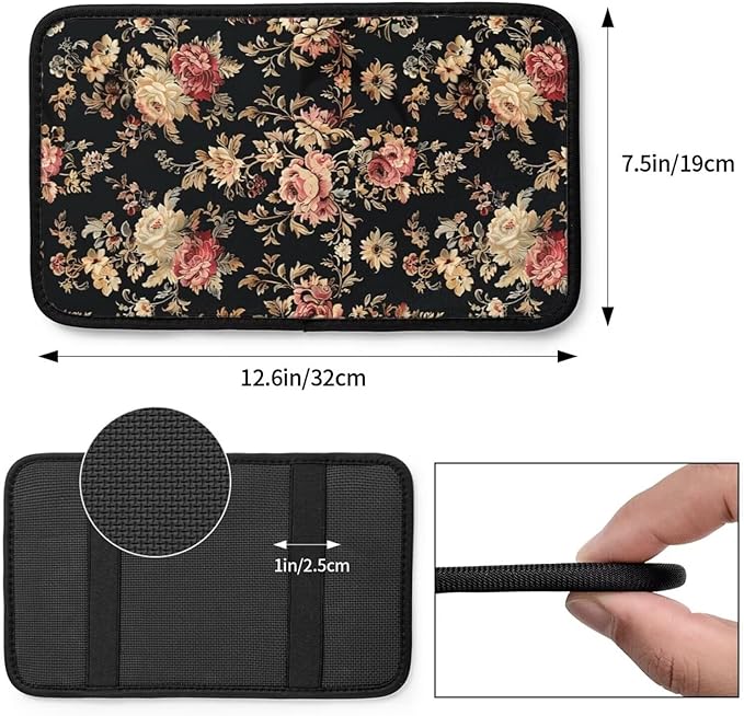 Vintage Flower Car Center Console Cover Rose Floral Girly Car Armrest Cover Universal Car Arm Rest Cover Car Interior Accessories Protector for Vehicle SUV Truck Sedans