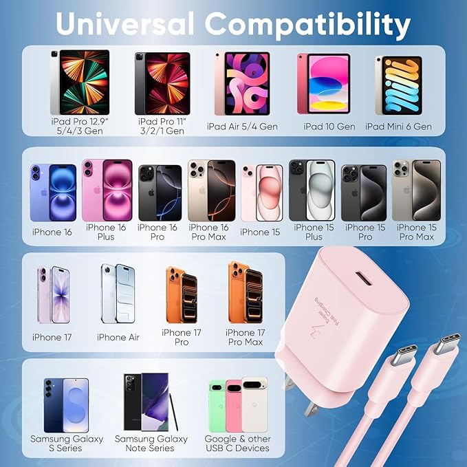 iPhone 17 16 15 Charger Fast Charging 10FT Cable, 30W USB C Charger Block for i Phone 15 16 16e 17 Air Plus Pro Max/iPad Pro/AirPods, PD USBC Power Adapter Wall Plug & Type C to C Cord (Pink, 10FT)