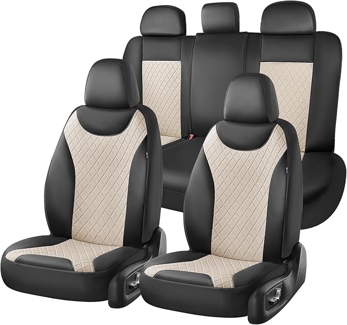 Coverado Front and Back Seat Covers, 5-Pack Universal Seat Covers for Cars, Leather & Fabric Splicing Design Car Seat Protectors, Waterproof Auto Seat Cushions Universal for Vehicles, Black & Beige
