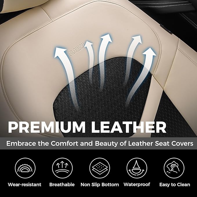 FLORICH Car Seat Covers Front Seat, Universal Seat Cover 2 Seats, Automotive Seat Covers with Mesh Leather, Waterproof Car Seat Protector, Breathable Car Seat Cushion for Most Car SUV Truck Beige