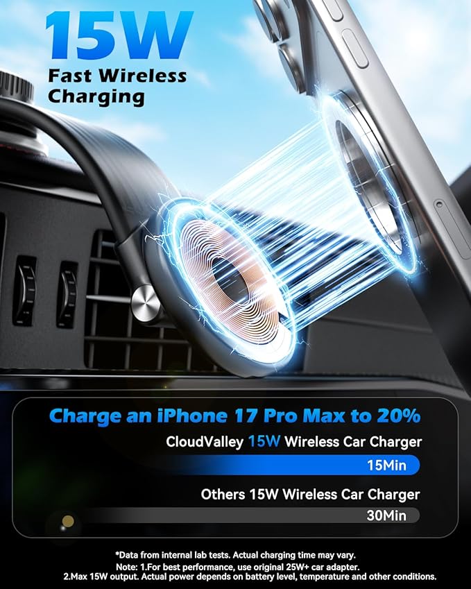 CloudValley Magnetic Car Mount with 15W Fast Charging, 360° Adjustable Bendable Aluminum Arm, Dashboard & Windshield Wireless Charger Phone Holder with Upgraded Silicone Adhesive Pad for iPhone