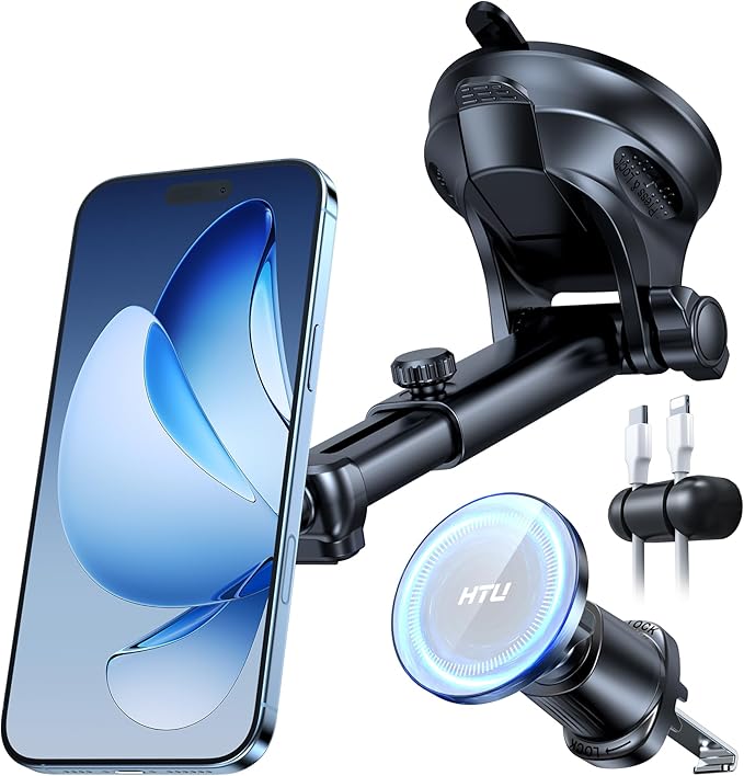 【Military-Grade】HTU for MagSafe Car Mount【Upgraded Strongest Suction】Magnetic Phone Holder Cell Stand for Dashboard Windshield Vent,Truck Cradle for iPhone 17 Pro Max 16 15 14 13 12 Tesla,Silver Gray