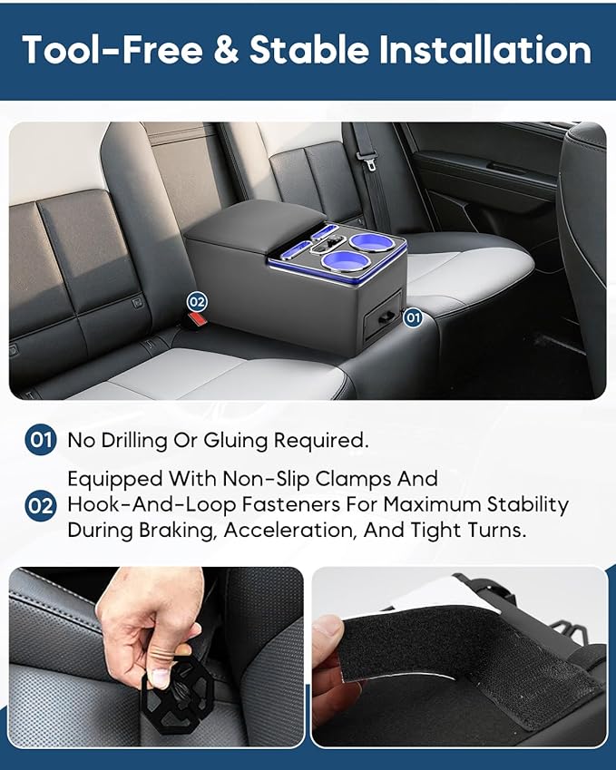 Center Console Organizer, Rear Bench Seat Armrest Organizer with Fast Phone Charging & Cup Holders