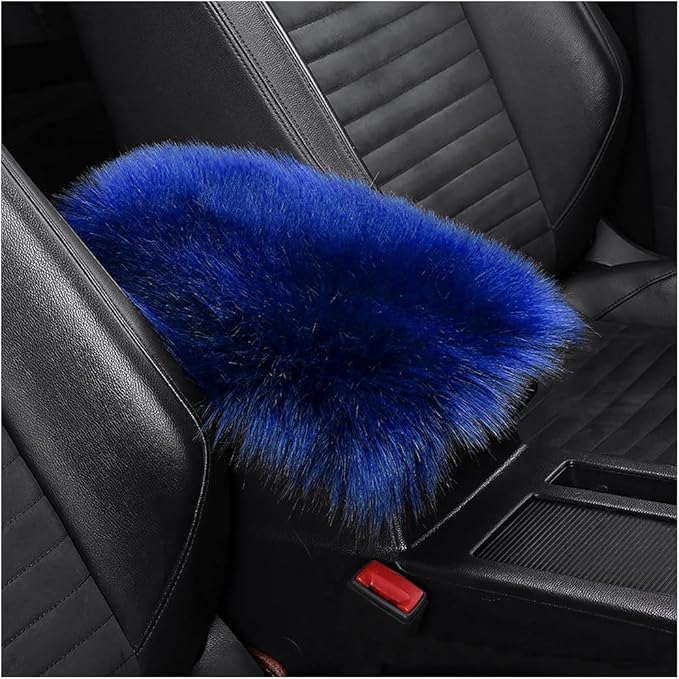 Furry Auto Center Console Cover Pad, 11.8"x7.8" Soft Sheepskin Wool Armrest Cushion, Fluffy Vehicle Armrest Seat Box Protector, Car Interior Accessories for Women Men (Deep Blue)