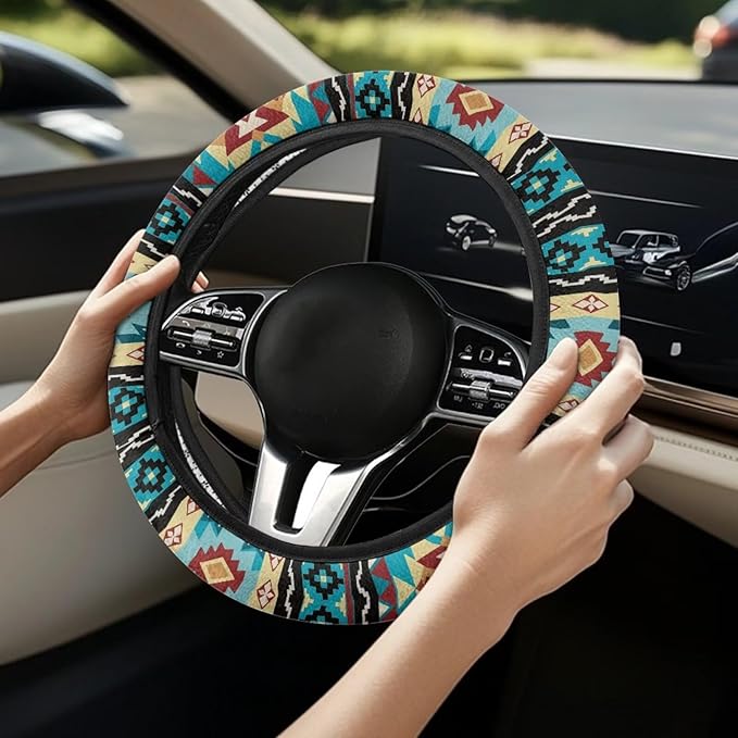 SEANATIVE Universal 15 inch Auto Car Steering Wheel Cover Aztec Turquoise Print Neoprene Car Steering Wheel Protector Cover fit Most Van Truck SUV