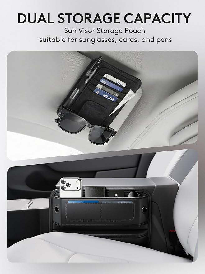 Car Seat Gap Filler with Sun Visor Organizer, Leather Seat Gap Organizer for Phone, Cards, Keys and Sunglasses, Front Seat Storage for Most Cars, SUVs and Trucks