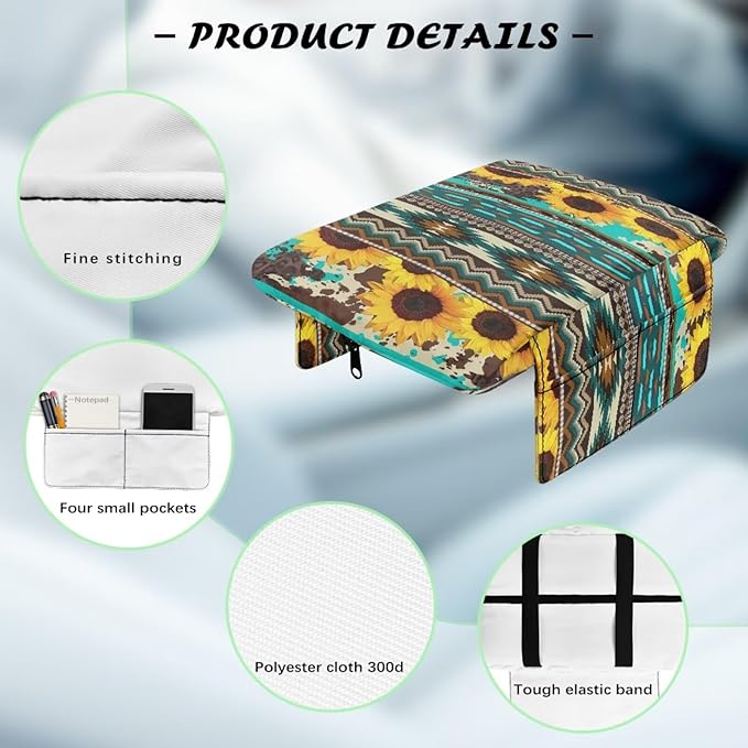 Wanyint Aztec Sunflower Blue Auto Center Console Cover Soft Armrest Box Pad Protector Middle Console Cover with Pockets Storage Bag Hand Rest Pillow Car Interior Decor Accessories