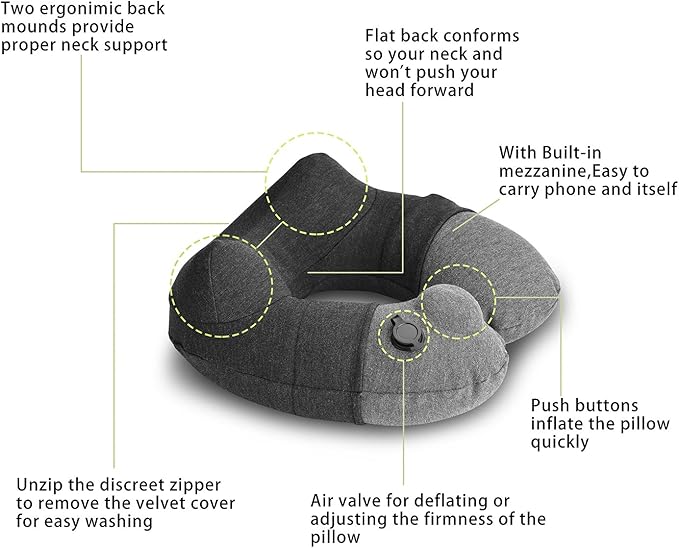 Inflatable Travel Neck Pillow, Airplane Neck Pillow for Long Flight Sleeping,Soft 100% Cotton Travel Pillow for Plane Head Rest, Portable Traveling Essentials