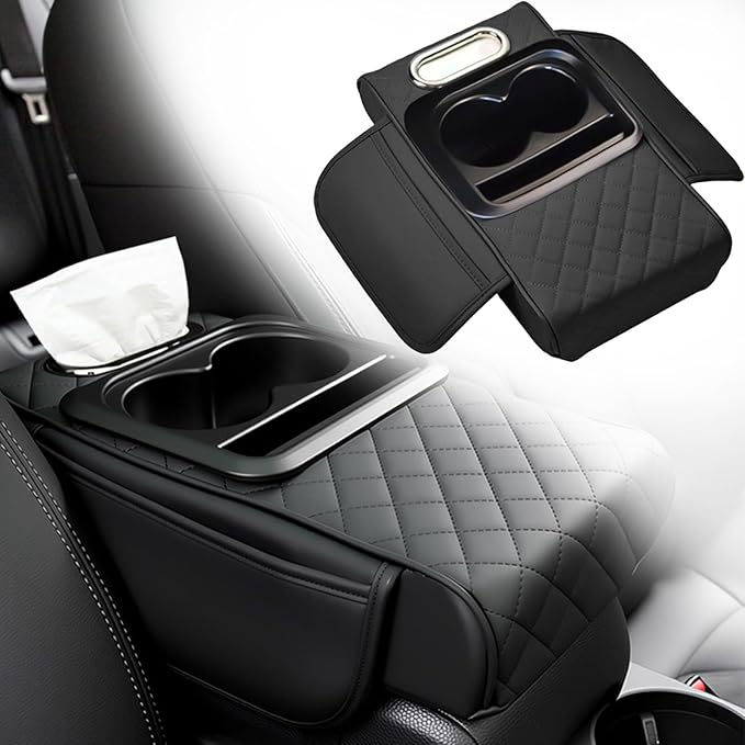 Multifunctional Pu Leather Car Armrest Box Mat, 5-In-1Multifunctional Car Armrest Cushion, Car Arm Rest Cover Pad, Center Console Organizer with Cup Holder, Tissue Box & Phone Slot (Black)