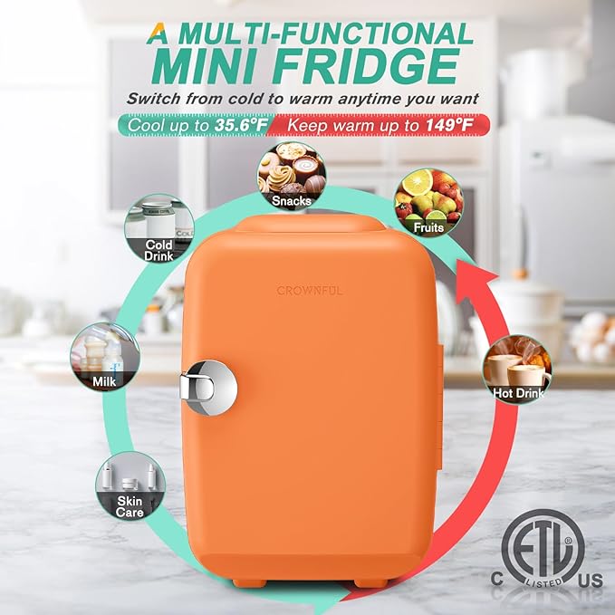 CROWNFUL Mini Fridge, 4 Liter/6 Can Portable Cooler and Warmer Personal Refrigerator for Skin Care, Cosmetics, Beverage, Food,Great for Bedroom, Office, Car, Dorm(Orange)