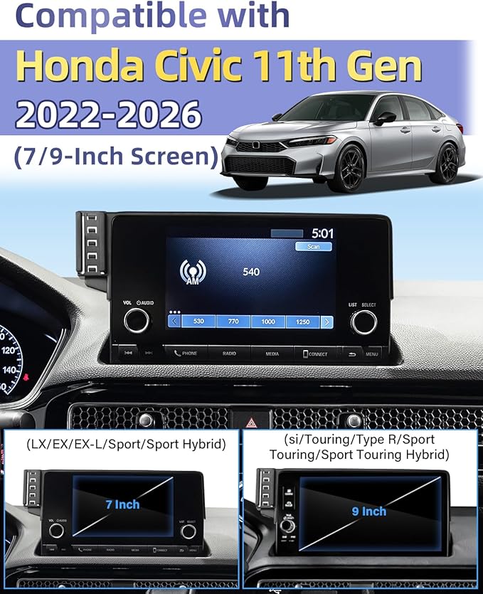 PZK Car Phone Mount for Honda Civic 2022-2025 2026 /Acura Integra 2023-2025 LX/EX/EX-L/Sport/Sport Hybrid/Touring/Si/Type R for 7/9-Inch Screen 360° Rotation Auto Lock Phone Holder with Storage Box