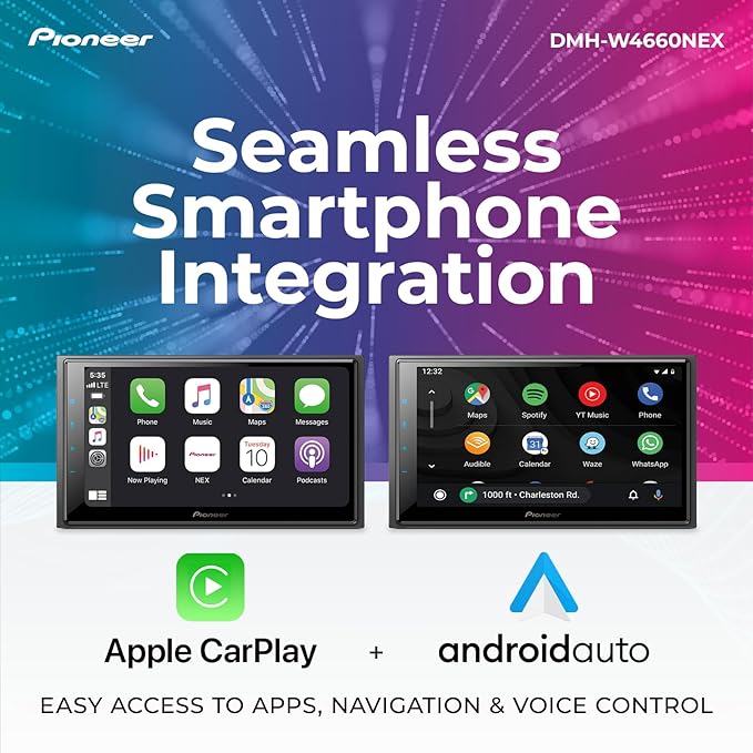 Pioneer DMH-W4660NEX 6.8" Capacitive Touchscreen, Double Din – Wireless & Wired Apple CarPlay & Android Auto, Amazon Alexa Built-in, Bluetooth, HD Radio, Backup Camera, FLAC, Hi-Volt RCA