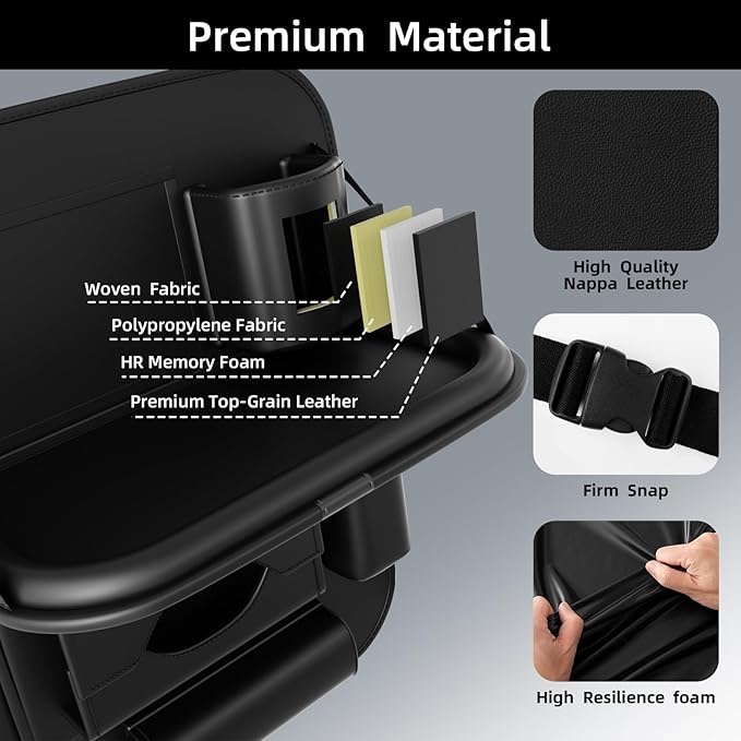 Universal Premium Leather Foldable Car Backseat Organizer with Table Tray, Car Seat Back Protector with Garbage Bag Touch Screen Pad Holder, Car Kick Mats Protector with Tissue Holder (Black)