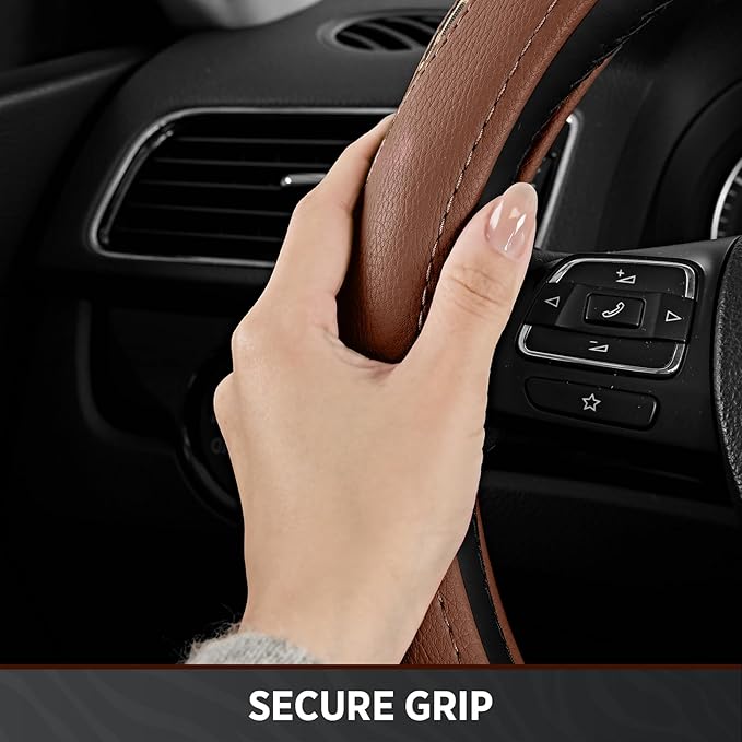 Road Comforts D-Type Steering Wheel Cover - Made with PVC Leather and Leopard Fabric - Universal Fit for 15-Inch D-Shaped Automotive Steering Wheels (Brown Color)