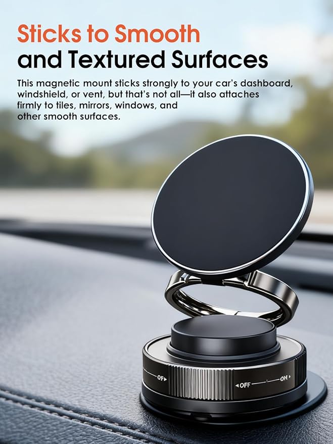 Vacuum Magnetic Car Phone Holder with Strong Magnets, 360° Adjustable Dash Cell Phone Holders, Foldabl Magsafe Car Mount with Vacuum Suction Cup for Cars/Gym/Mirror/Smooth Surface iOS Android, Black