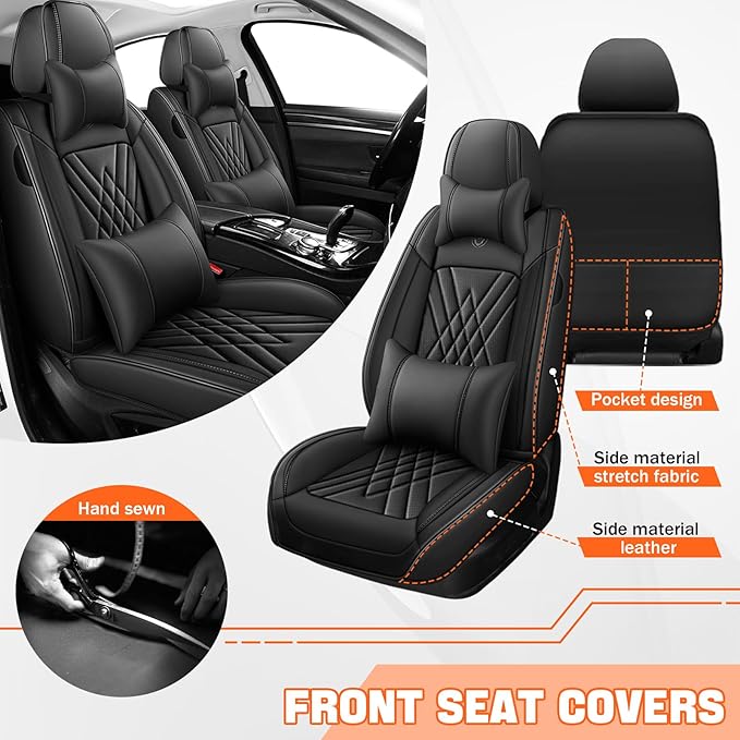 Car Seat Covers Compatible with Toyota Camry 2012-2026 Durable Waterproof Automotive Seat Covers Stretchable, Airbag Compatibility, Premium Nappa Leather(Black, 2 Pcs Front with Pillow)