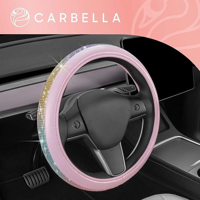 Carbella Pink Diamond Bling Steering Wheel Cover,Standard 15 Inch Size Fits Most Vehicles, Cute Faux Leather Car Steering Cover with Rhinestone Crystal, Car Accessories for Women