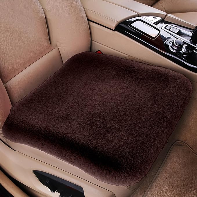Plush Car Seat Cushion, Soft Warm Fuzzy Faux Rabbit Fur Fluffy Plush Auto Seat Cover Vehicle Car Front and Back Seat Protector Pad with Non-Slip Backing Cushion Interior Universal Fit (Brown,Front*1)