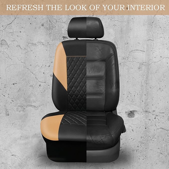 CAR PASS Quilting Leather Front Seat Covers, Automotive Waterproof Deluxe PU Premium Vinyl Luxury Two Front Seats Only Universal Fit for Cars Sedans SUVs Airbag Compatible,2 Pieces,Black&Beige