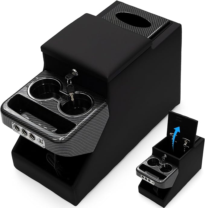 Center Console Between Seat Organizer for Minivans,SUVs,with Dual USB Charging & Phone Holder and Drawers for Minivan&SUVs, Middle Van Floor Console Organizer Storage Box Black with Locking