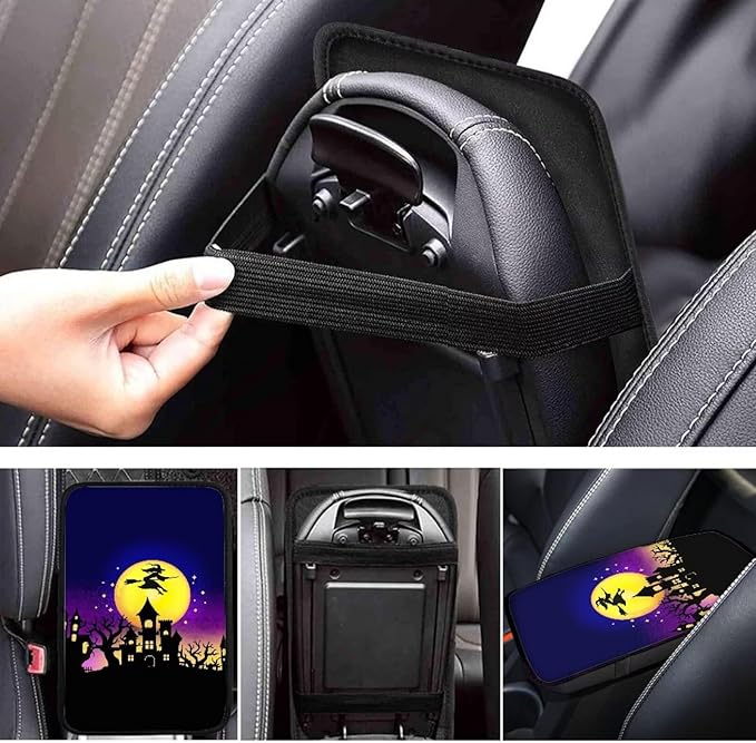 Halloween Moon Witch Car Armrest Pads Car Armrest Cushion Arm Rest Covering Car Middle Console Covers Non Slip Universal Fit for Truck Auto SUV Car Accessories
