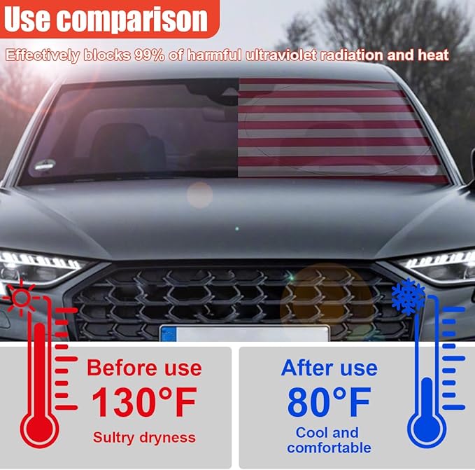 American Flag Car Windshield Sun Shade, Foldable Car Front Window Sunshade for Cars SUV Truck, Auto Interior Sun Protection Cover, Blocks UV Rays & Keeps Your Vehicle Cool (Red, M)