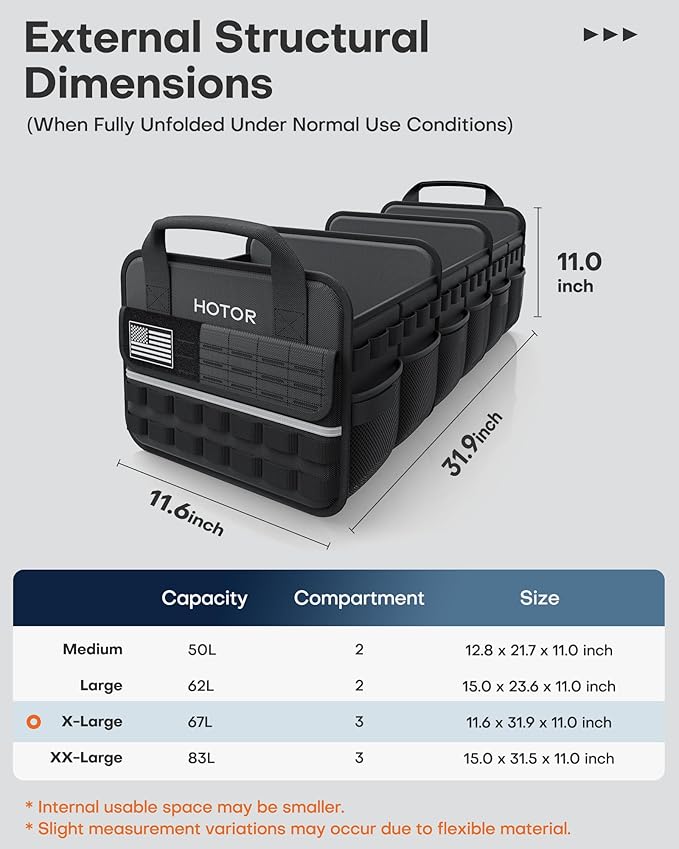 HOTOR Tactical Car Trunk Organizer - Foldable Trunk Organizer for SUV with Front MOLLE Pocket & Reflective Strips, Essential Car Accessories for Tools & Outdoor Storage, 11.6" x 31.9" x 11.0", Black