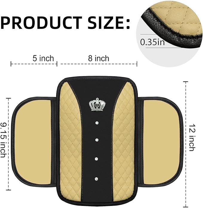 NBTEPEM Bling Crown Car Center Console Armrest Cover, Leather Middle Console Cover Cushion with 2 Storage Bags, Car Armrest Storage Box Interior Accessories for Most Vehicles(Beige)
