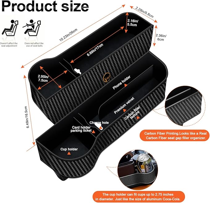 Car Seat Gap Filler Organizer, 2 Pack Multifunctional Auto Console Side Storage Box with Cup Holders 2 Seat Hooks for Drink, Car Organizer Front Seat for Holding Phone, Sunglasses