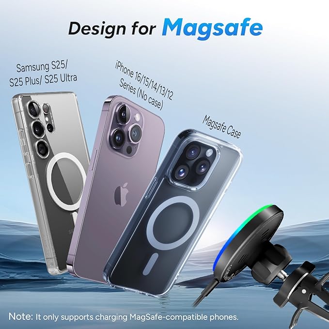 Lecork for Magsafe Car Mount, 15W Magnetic Wireless Charger for iPhone, Magsafe Air Vent Car Holder Charger for iPhone 17 Pro Max/16/15/14 13, Samsung S26/S26+/Ultra, RGB LED Design