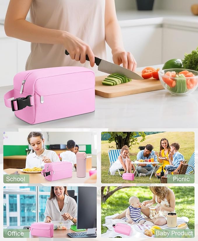 Small Insulated Snack Bag Lunch Bag for Kids Lunch Box for Women/Men, Collapsible [3L/5-Can] Reusable Lunch Bag Cooler Bag for Bottle with Handle Buckle for Work/School/Travel,Pink