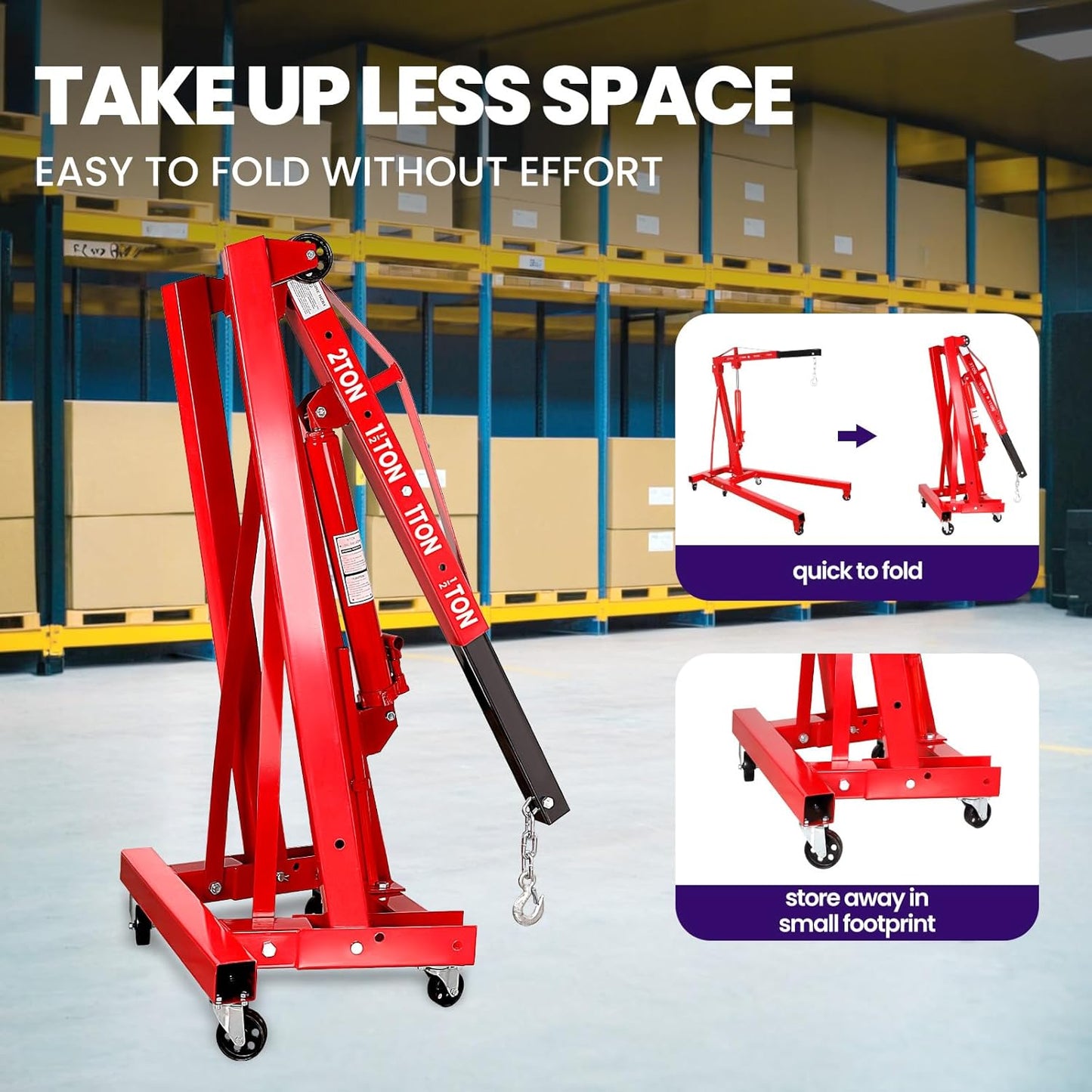 RQR Engine Hoist 2 Ton, Hydraulic Cherry Picker Engine Lift Crane with Leveler, Foldable Shop Crane with Adjustable Boom & 6 Caster Wheels, Heavy Duty Motor Hoist for Garage Engine Jack Lifting