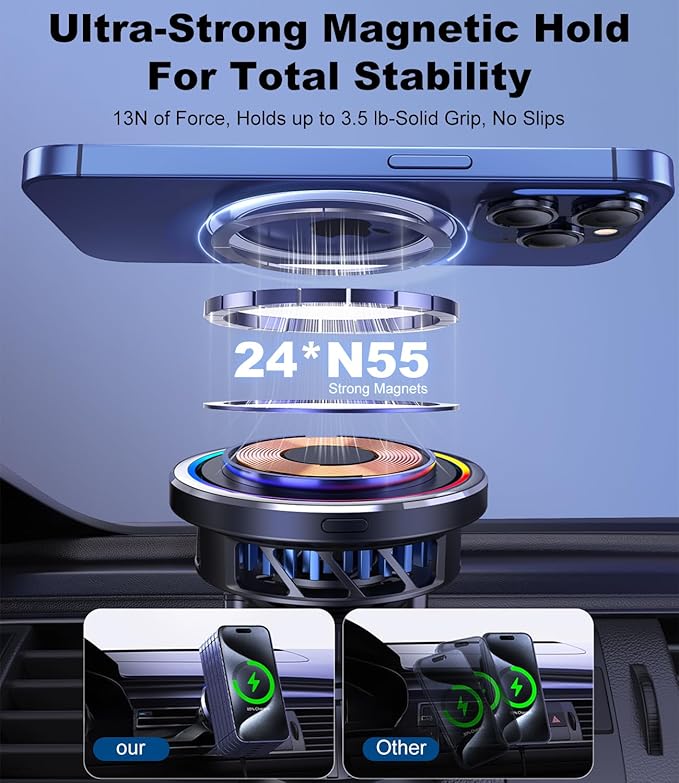 Koolehaoda Qi2.2 25W Car Mount Charger for MagSafe with TEC Cooling & Fan, Magnetic Wireless Charger Vent Phone Mount with 65W Car Adapter,Stable Fast Charger for iPhone 17-12 Series/Galaxy S26/S25