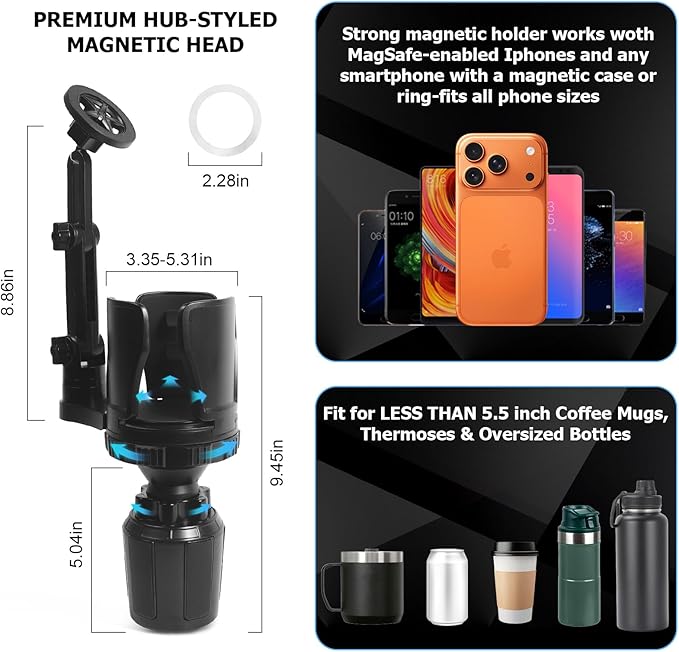 Frani Car Cup Holder Expander with Magnetic Phone Mount - Adjustable Insert Fits 2.68-4.33" Holders, 360° Adjustable Neck & Strong N52 Magnets for iPhone Samsung