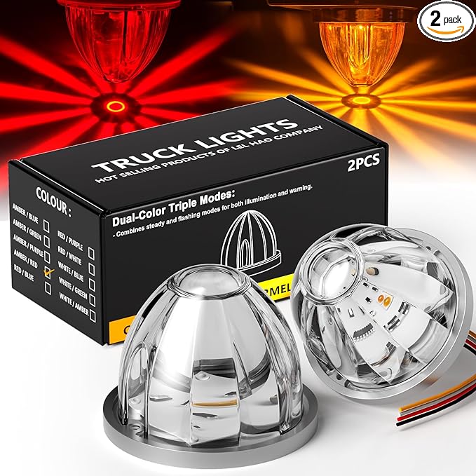 2-Pack Dual Color Watermelon Lights with Strobe & Steady Lighting Clear Lens Red/Amber LED Side Marker Turn Signal Lights for Truck Trailer RV Off-Road Vehicle