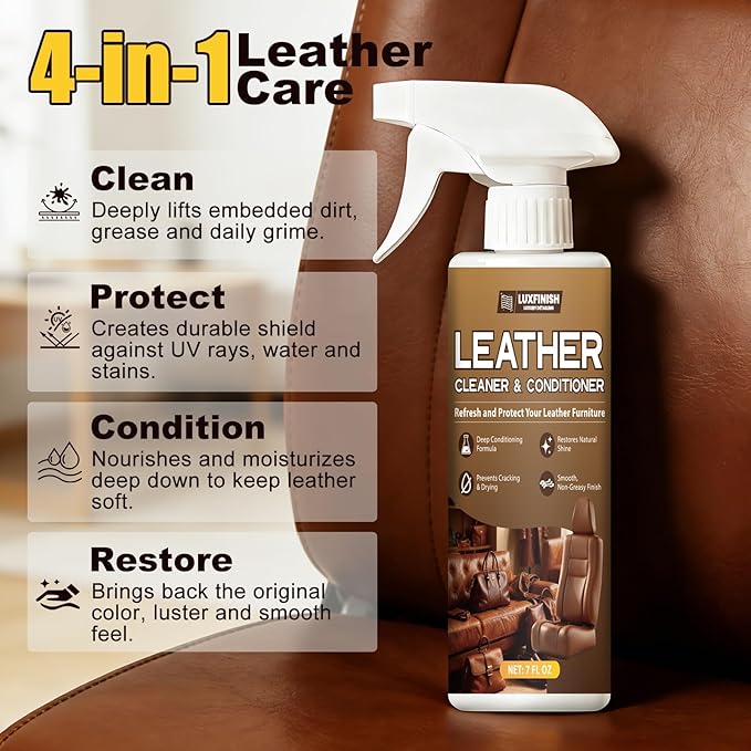 Leather Cleaner and Conditioner with UV Protectants, a Non-Toxic Formula to Help Prevent Cracking or Fading of Car Leather, Couches, Boots, Furniture, Purses and Shoes-200ml/7oz
