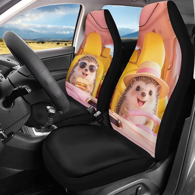Cute Car Seat Covers Set of 2 Seat Cover for Front Seats Hedgehog Easy to Install and Clean Removable Automotive Accessories All-Season Protection for Cars Sedans SUVs