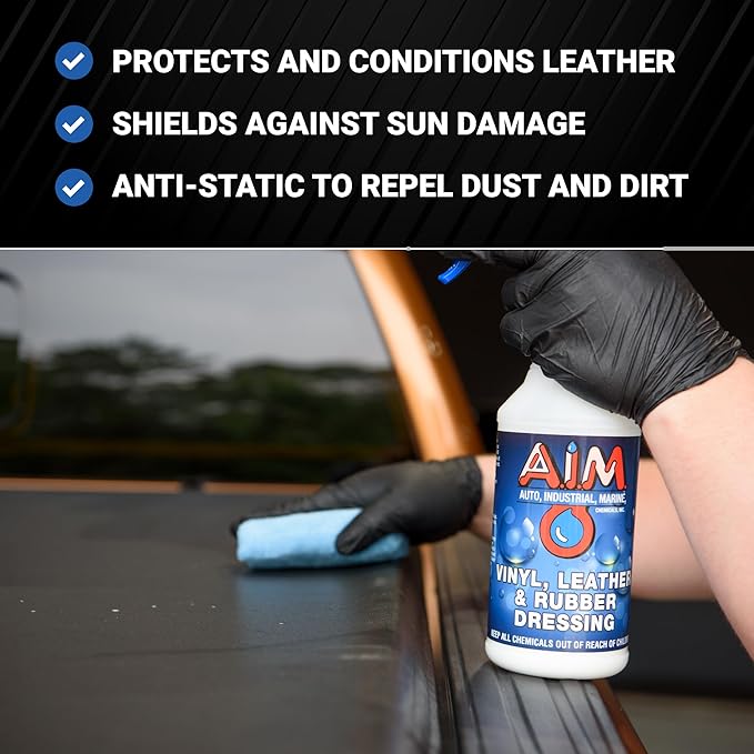 AIM Chemicals Vinyl Leather Rubber Multi-Purpose Dressing -Effective UV Protection -Leather Cleaner & Conditioner -Suitable for Interiors, Exteriors, Engines -Anti-Static -Water-Based for Cars, 1 Gal