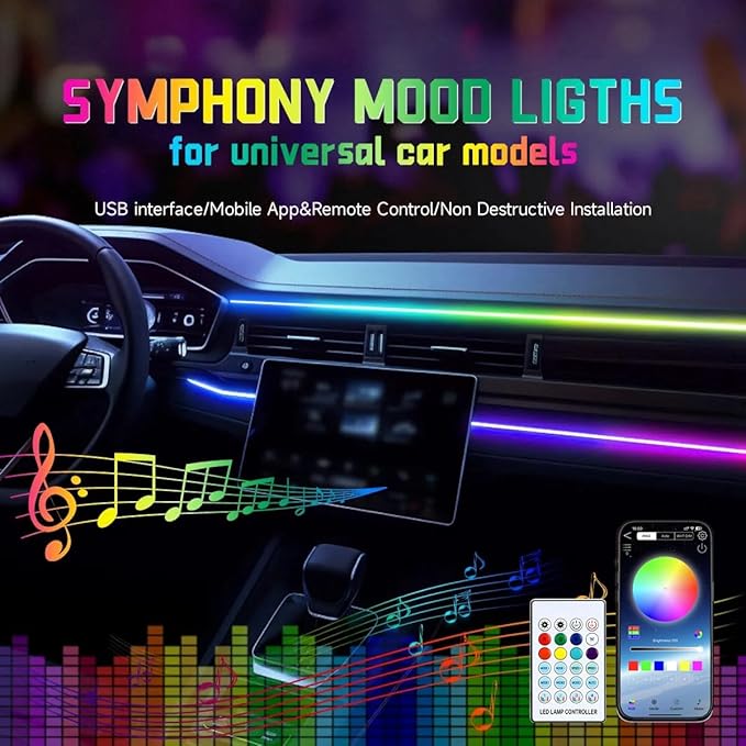 Interior Car Ambient Lighting Kit, 43.3 Inches RGB USB LED Ultrathin Acrylic Strip Lights Neon Accessories for Cars Truck SUV Center Console Dashboard with APP&Remote Control