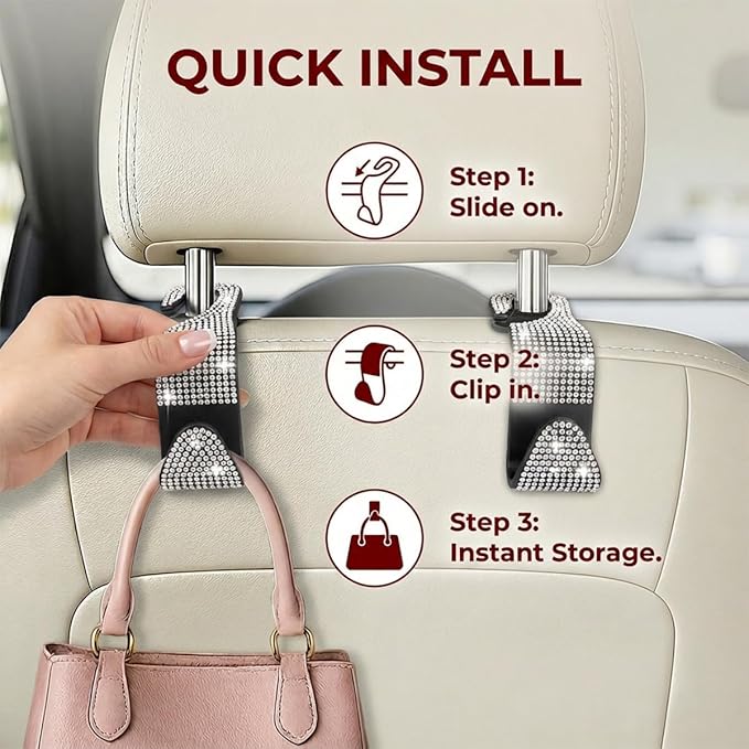 4PCS Bling Car Seat Headrest Hooks, Crystal Rhinestone Vehicle Back Seat Hanger Holder, Auto Interior Headrest Hanging Storage Organizer for Purse Handbag Coat, Universal Fit (AB Color)