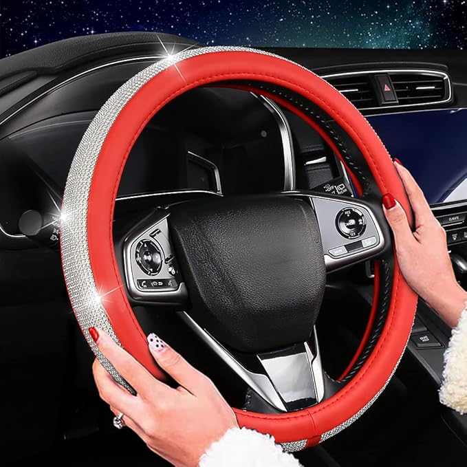 Bling Diamond Leather Steering Wheel Cover for Women Girls with Crystal Rhinestones, Universal Fit 14.5-15 Inch Car Steering Wheel Cover Accessories
