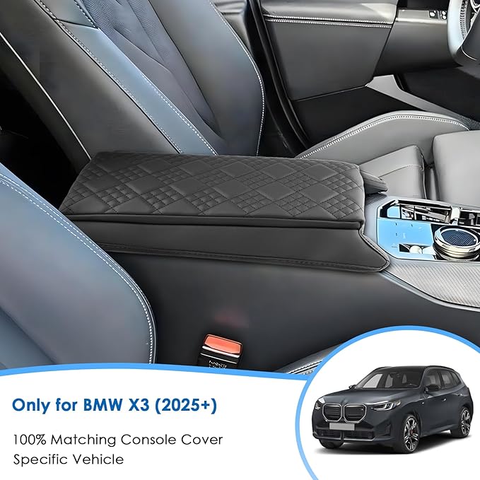for 2025 2026 BMW X3 Center Console Cover for BMW X3 G45 (30 xDrive/M50 xDrive), Comfy&Cushion Leather Armrest Cover 2026 2025 X3 Interior Accessories (Black-Padded)