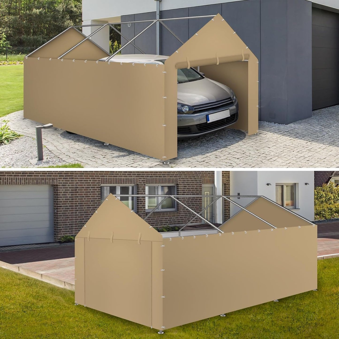 10 * 20 FT Carport Replacement Tarp Canopy, Sidewall kit Panel Set of 4, 180G PE Waterproof & UV Protected Replacement Sidewall Cover, Beige