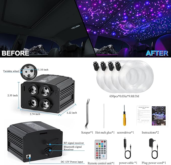 4 Colors 32W Twinkle Starlight Headliner Kit for Car Home with APP&RF Remote,RGBW 650pcs*0.03in*13.1ft Cables Fiber Optic Star Sky Roof Lights,4 Port Engine Sound Activated Ceiling Star Lights for Car
