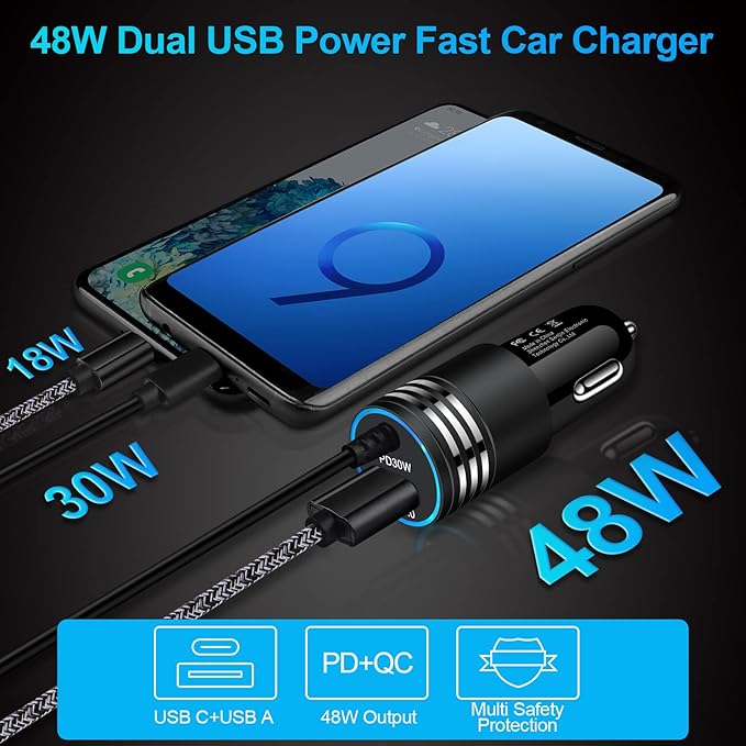 48W Super Fast Car Charger USB C Rapid Android Car Adapter with 30W Built-in Type C Fast Charging Cable for Samsung Galaxy S26 S25 S24 S23 Ultra S22 S21 S20 FE A16 A15 A14 A54 A53 A23 A13 Z Flip 7 6