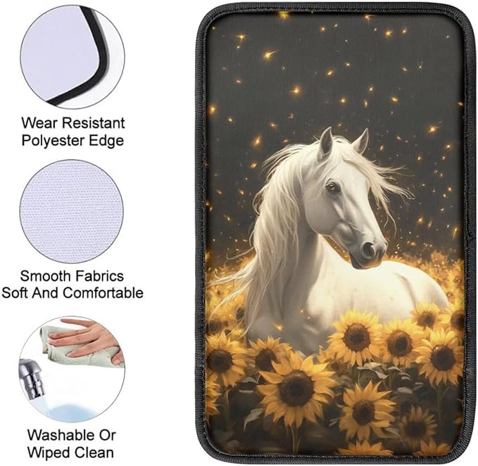 Neoprene Car Center Console Pad Horse Sunflower Print Armrest Cushion Cover Dust-Proof Armrest Seat Box Cover for Most Vehicles Decorative Car Accessories for Women Men