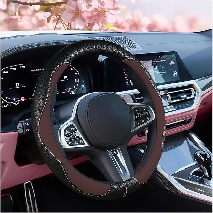 SuperKaKa Brown Car Steering Wheel Cover 2025, Universal Auto PU Cute Breathable Slip-Proof Comfort Imitation Leather Protector Cars Interior Accessories for Women Men Fit Most Vehicle