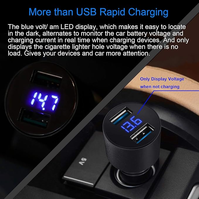 Car Charger, USMEI Quick Charge 3.0 Dual USB Charger Adapter with Voltmeter, Compatible with iPhone 15/14/13, Samsung S24/S23/S22/Note 20/10 and More