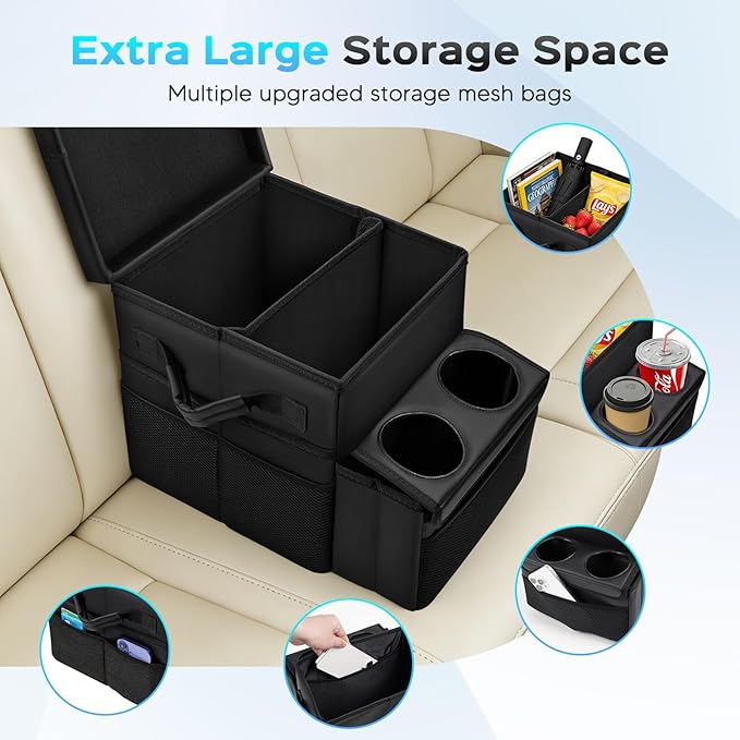 Foldable Bench Seat Center Console, Car Armrest Organizer Box with 2 Large Cup Holders & Massive Storage, Universal Portable Trunk Console Arm Rest for Car/Truck/Van/SUV Rear Organizers Back Seat